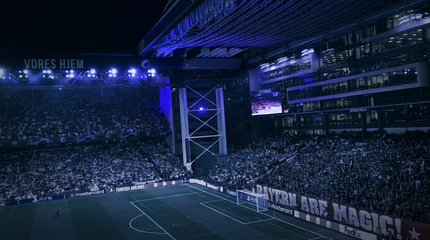 Champions League stadium at night, packed stands under floodlights