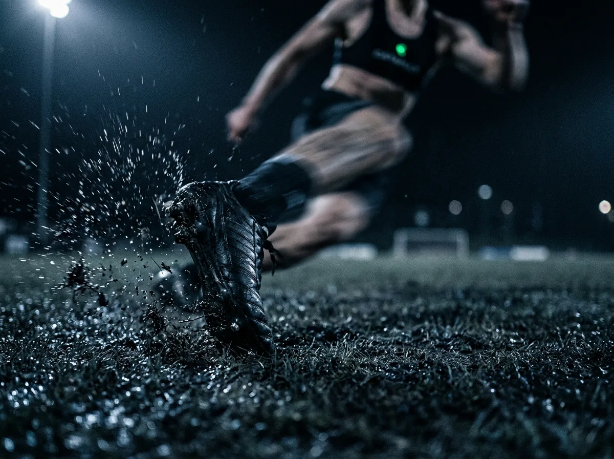 Football boot striking wet grass