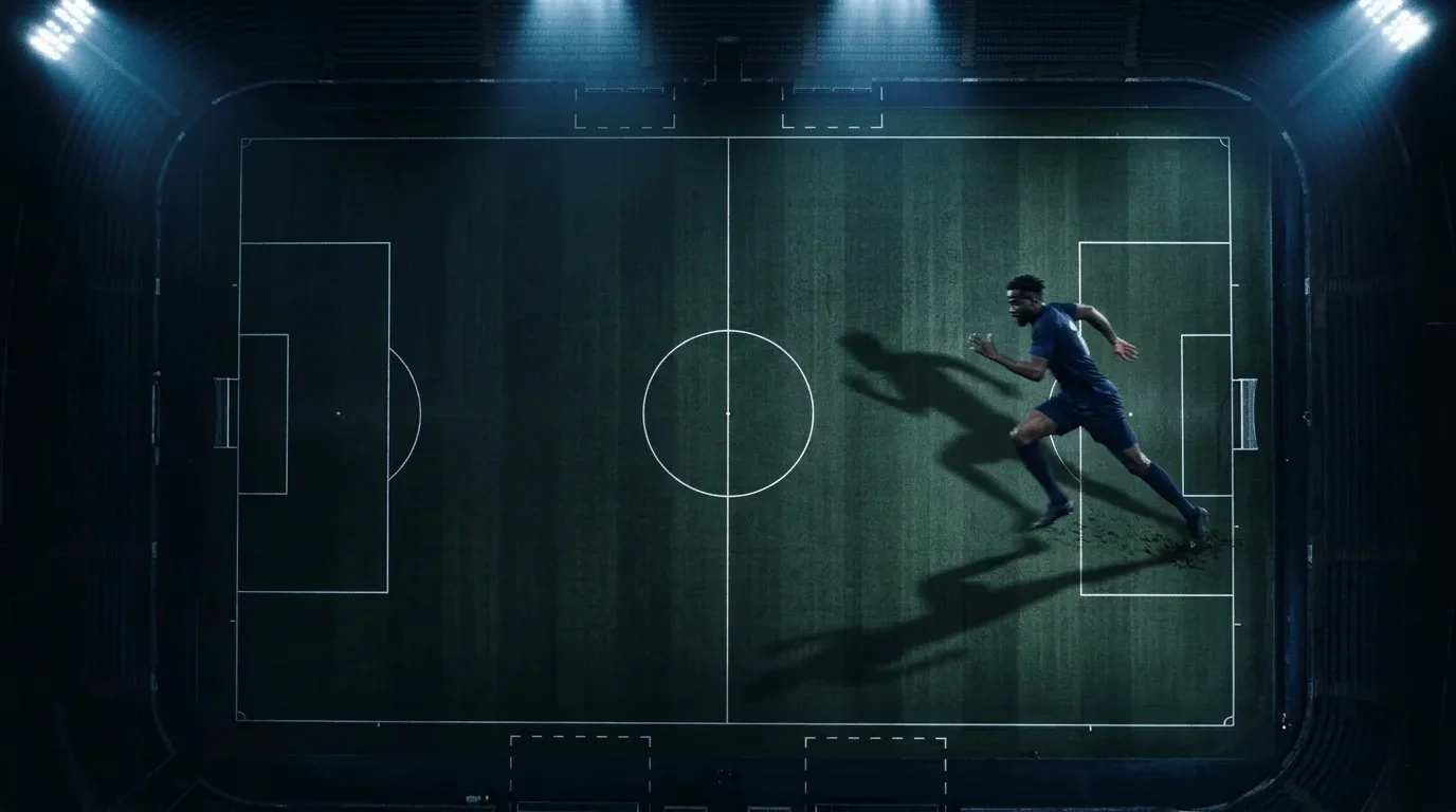 African football player accelerating across a floodlit pitch